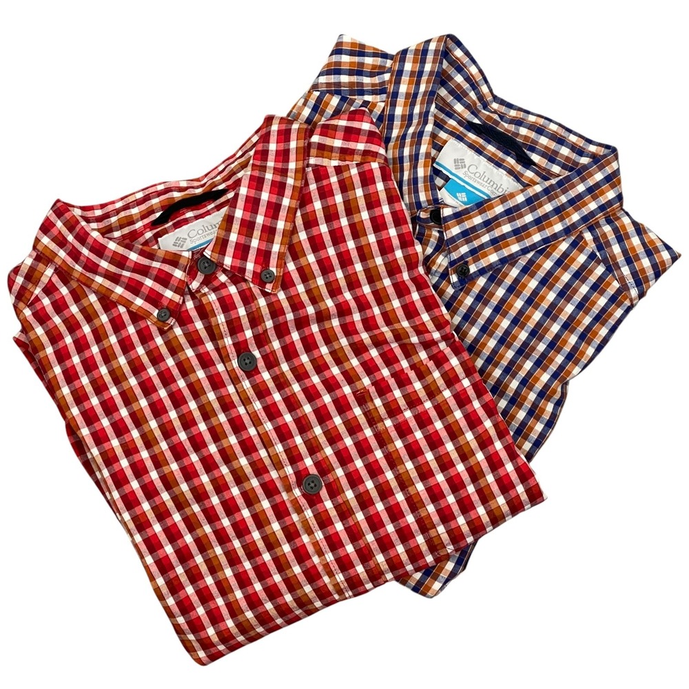 (Lot of 2) Columbia Rapid Rivers II‎ Shirts Mens L Red Blue Plaid Long Sleeve